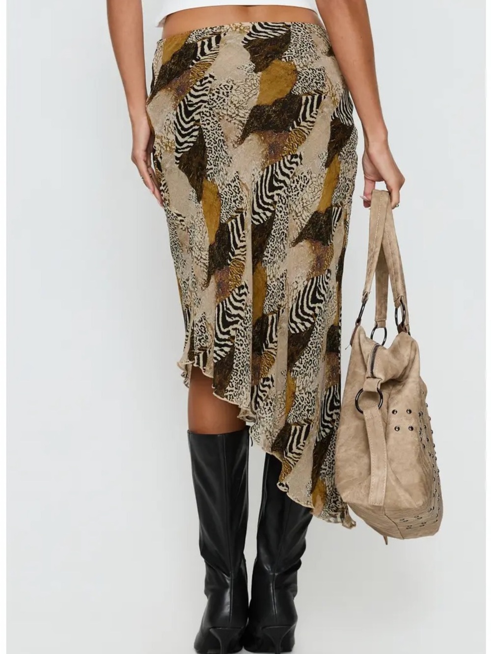 Princess Polly Suella Asymmetrical Midi Skirt Size 2 Animal Multi Print in Brown